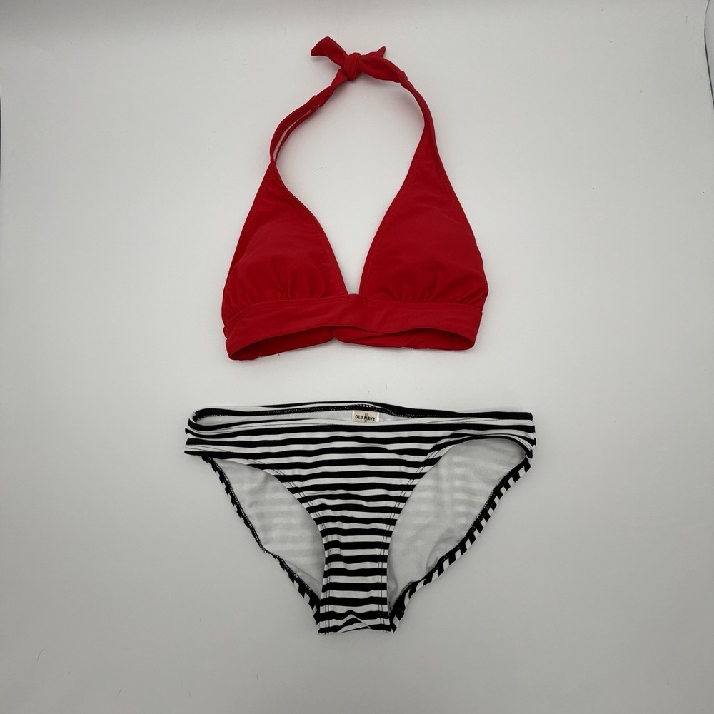 Red Halter Top,‎ Black Stripe Bottom Swimsuit-XS-Beach-Pool-Resort-Retro-NWOT